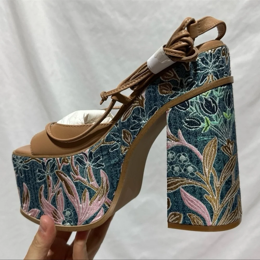 Steve Madden Anika Tan Leather Chunky Embroidered Platform Lace Up Heels Summer - Picture 3 of 12